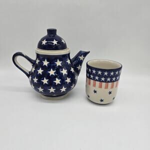 Boleslawiec Stars & Stripes Polish Pottery Coffee Teapot Mug Set Blue Cream